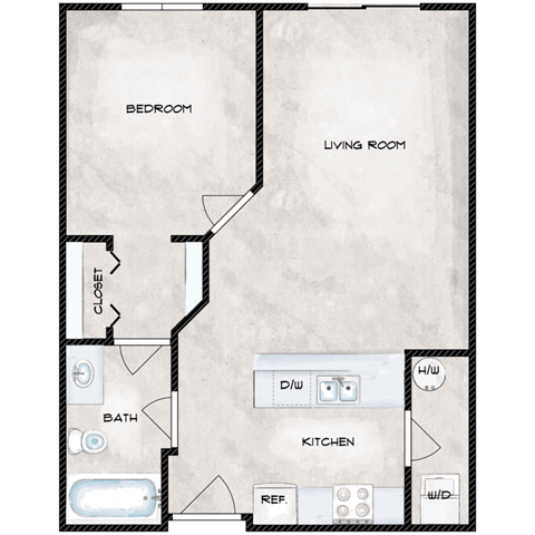 Floor plan for 1 bed, 1 bath, 565 sqft